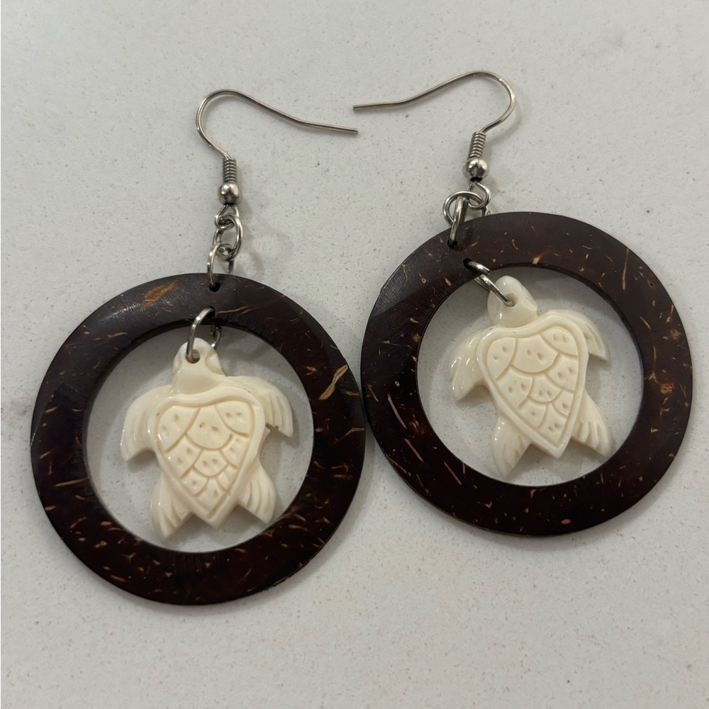 Coconut Shell Hoop Earrings with Ivory colored Turtle Charms